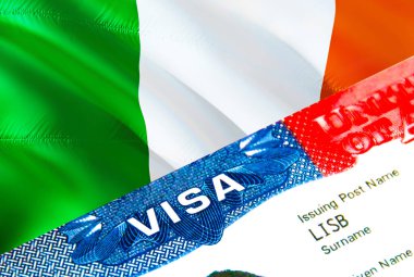 Ireland immigration visa. Closeup Visa to Ireland focusing on word VISA, 3D rendering. Travel or migration to Ireland destination concept with visa in passport multi entrance. USA stamp emigratio