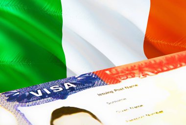 Ireland immigration document close up. Passport visa on Ireland flag. Ireland visitor visa in passport,3D rendering. Ireland multi entrance visa in passport. USA stamp emigration Visa document an