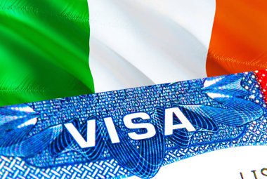 Ireland Visa. Travel to Ireland focusing on word VISA, 3D rendering. Ireland immigrate concept with visa in passport. Ireland tourism entrance in passport. Visa USA stamp citizenship. USA travel