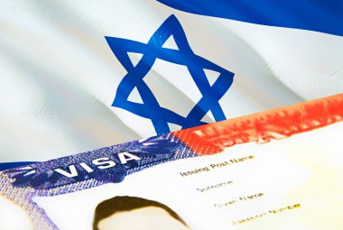 Israel immigration document close up. Passport visa on Israel flag. Israel visitor visa in passport,3D rendering. Israel multi entrance visa in passport. USA stamp emigration Visa document an