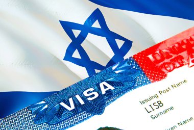 Israel immigration visa. Closeup Visa to Israel focusing on word VISA, 3D rendering. Travel or migration to Israel destination concept with visa in passport multi entrance. Visa passport stam