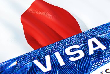 Japan visa document close up. Passport visa on Japan flag. Japan visitor visa in passport,3D rendering. Japan multi entrance in passport. Closeup of Visa document and passpor