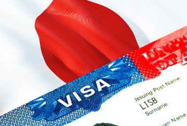 Japan immigration visa. Closeup Visa to Japan focusing on word VISA, 3D rendering. Travel or migration to Japan destination concept with visa in passport multi entrance. Visa passport stamp trave