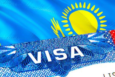 Kazakhstan Visa. Travel to Kazakhstan focusing on word VISA, 3D rendering. Kazakhstan immigrate concept with visa in passport. Kazakhstan tourism entrance in passport. Visa USA stamp citizenship