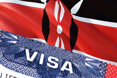 Kenya Visa Document, with Kenya flag in background. Kenya flag with Close up text VISA on USA visa stamp in passport,3D rendering.Visa passport stamp travel Kenya business.Immigration and emigratio