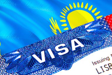 Kazakhstan Visa in passport. USA immigration Visa for Kazakhstan citizens focusing on word VISA. Travel Kazakhstan visa in national identification close-up,3D rendering. Kazakhstan multi entrance i