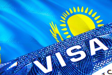 Kazakhstan visa document close up. Passport visa on Kazakhstan flag. Kazakhstan visitor visa in passport,3D rendering. Kazakhstan multi entrance in passport. Closeup of Visa document and passpor