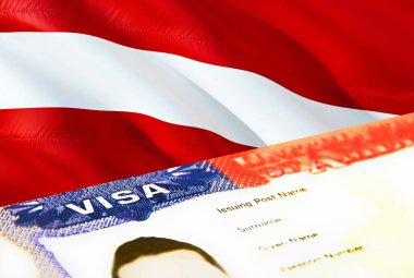 Latvia immigration document close up. Passport visa on Latvia flag. Latvia visitor visa in passport,3D rendering. Latvia multi entrance visa in passport. USA stamp emigration Visa document an