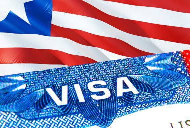 Liberya vizesi. Liberya 'ya git, VISA kelimesine odaklan, 3D görüntüleme. Pasaportunda vize olan Liberya göçmen konsepti. Pasaportla Liberya turizmi girişi. Visa ABD pul vatandaşlığı. ABD seyahati
