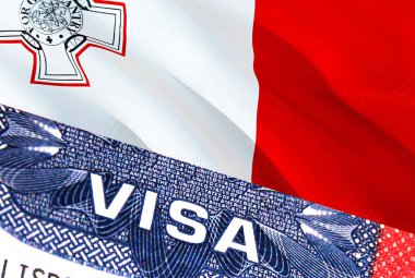 Malta Visa Belgesi, Malta bayrağı da arka planda. Pasaportunda ABD vizesi damgası olan Malta bayrağı. 3D görüntüleme. Pasaport pulu seyahat Malta işi. Göçmen Bürosu