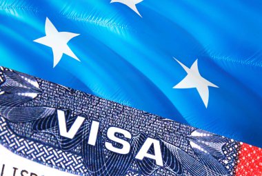Mikronezya Vize Belgesi, arkasında Mikronezya bayrağı var. Pasaportunda ABD vizesi damgası olan Mikronezya bayrağı. Pasaport damgası Micronesi.