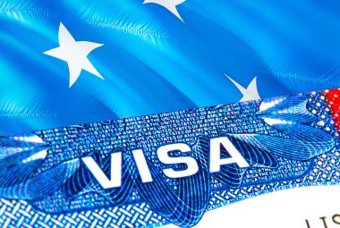 Mikronezya vizesi. Mikronezya 'ya git ve VISA kelimesine odaklan, 3D görüntüleme. Pasaportunda vize olan mikronezya göçmen konsepti. Pasaportunda mikronezya turizmi girişi. Visa ABD vatandaşlık damgası