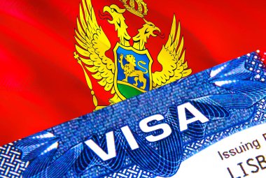 Karadağ vize damgasında VISA metni var. Pasaport yurtdışında seyahat kavramı. Karadağ 'a seyahat - seçici odaklanma, 3 boyutlu yorumlama. Göçmenlik ve göç kavramı. Karadağ - Karadağ