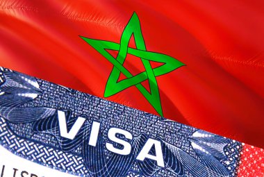 Fas Vize Belgesi, arka planda Fas bayrağı var. Pasaportunda ABD vizesi damgası olan Fas bayrağı. Pasaport damgası. Fas 'a seyahat. Göçmenlik.