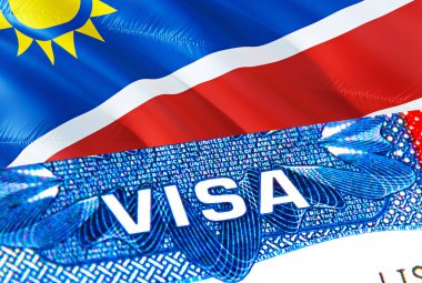 Namibya vizesi. Namibya 'ya git, VISA kelimesine odaklan, 3D görüntüleme. Namibya göçmen konsepti ve pasaport vizesi. Pasaportla Namibya turizmi girişi. Visa ABD pul vatandaşlığı. ABD seyahati