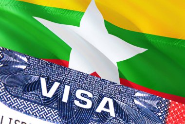 Arka planda Myanmar bayrağı olan Myanmar Visa Belgesi. Pasaportunda ABD vizesi damgası olan Myanmar bayrağı. Vize damgası Myanmar 'da seyahat. Göçmenlik bürosu