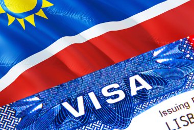 Pasaportunda VISA yazılı Namibya vize damgası var. Yurtdışında seyahat kavramı. Namibya 'ya seyahat - seçici odaklanma, 3 boyutlu canlandırma. Göçmenlik ve göç kavramı. Namibya vizesi.
