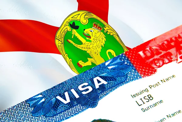 Alderney immigration visa. Closeup Visa to Alderney focusing on word VISA, 3D rendering. Travel or migration to Alderney destination concept with USA visa in passport multi entrance. USA trave