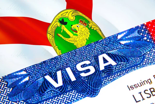 Alderney Visa in passport. USA immigration Visa for Alderney citizens focusing on word VISA. Travel Alderney visa in national identification close-up,3D rendering. Alderney multi entrance in passpor