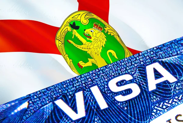 オールダーニービザの書類は閉じます オールダーニー旗のパスポートビザ パスポートのオルデニー訪問者ビザ 3Dレンダリング パスポートのオルデニー マルチエントランス ビザの書類とパスポートの閉鎖 — ストック写真