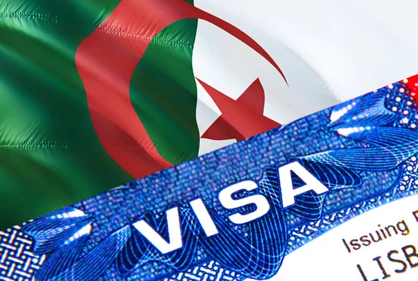 text VISA on Algeria visa stamp in passport. passport traveling abroad concept. Travel to Algeria concept - selective focus,3D rendering. Immigration and emigration concept. Algeria visa in passpor