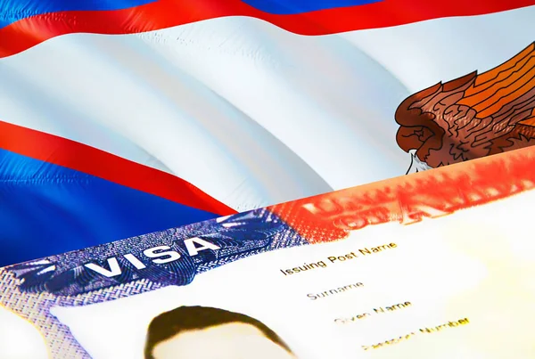 American Samoa immigration document close up. Passport visa on American Samoa flag. American Samoa visitor visa in passport,3D rendering. American Samoa multi entrance visa in passport. USA stam