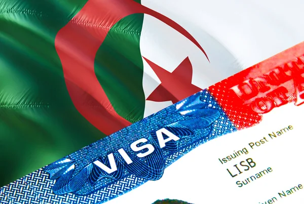Algeria immigration visa. Closeup Visa to Algeria focusing on word VISA, 3D rendering. Travel or migration to Algeria destination concept with visa in passport multi entranc
