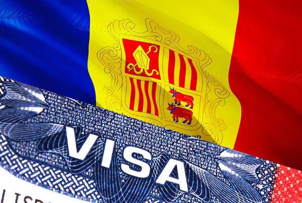 Andorra Visa Document, with Andorra flag in background. Andorra flag with Close up text VISA on USA visa stamp in passport,3D rendering.Visa passport stamp travel Andorra busines
