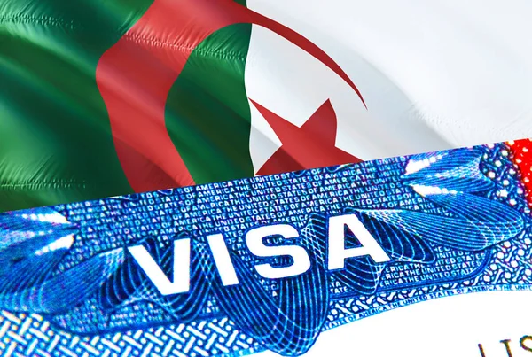 Algeria Visa. Travel to Algeria focusing on word VISA, 3D rendering. Algeria immigrate concept with visa in passport. Algeria tourism entrance in passport. Visa USA stamp citizenship. USA trave