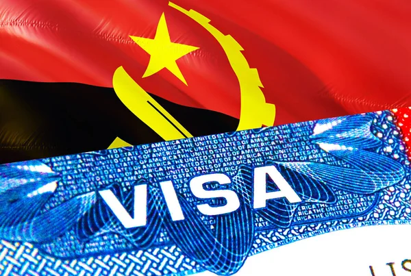 Angola Visa. Travel to Angola focusing on word VISA, 3D rendering. Angola immigrate concept with visa in passport. Angola tourism entrance in passport. Visa USA stamp citizenship. USA trave