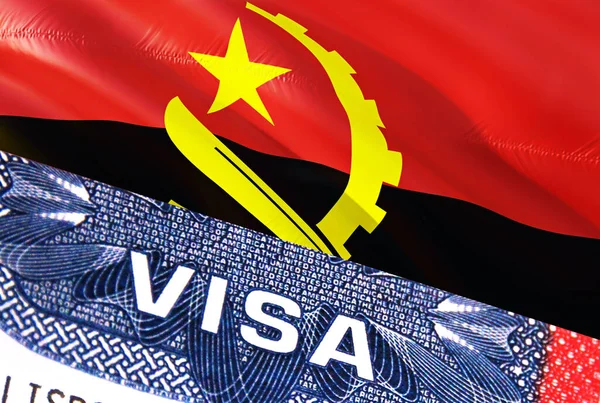 Angola Visa Document, with Angola flag in background. Angola flag with Close up text VISA on USA visa stamp in passport,3D rendering.Visa passport stamp travel Angola busines