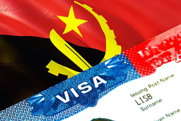 Angola immigration visa. Closeup Visa to Angola focusing on word VISA, 3D rendering. Travel or migration to Angola destination concept with visa in passport multi entranc