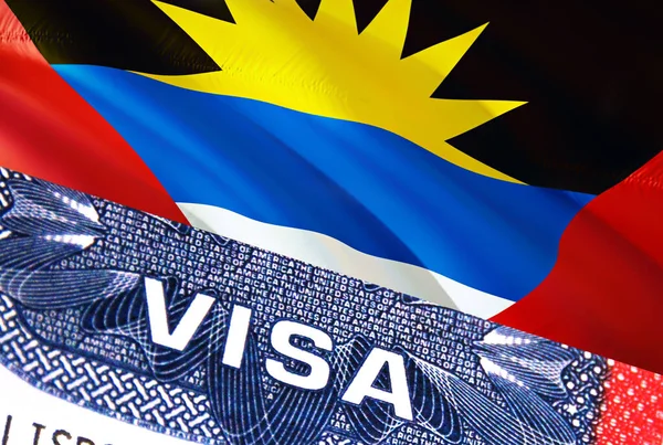アンティグア バーブーダビザ文書アンティグア バーブーダの旗を背景に アンティグア バーブーダの旗とともに閉じるテキストパスポートの米国ビザスタンプ 3Dレンダリング — ストック写真