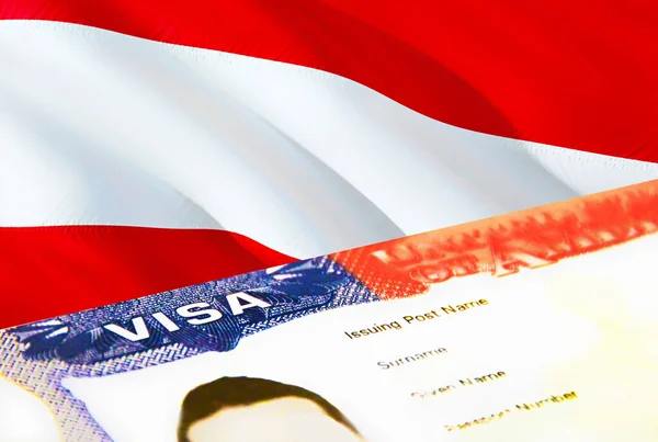 オーストリアの移民文書が閉じます オーストリアの旗のパスポートビザ パスポート 3Dレンダリングでオーストリアの訪問者ビザ パスポートにオーストリアの複数の入国ビザ アメリカの切手移民ビザの文書 — ストック写真
