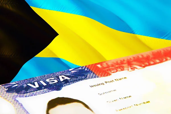 バハマ移民文書が閉じます バハマの旗のパスポートビザ バハマのパスポートでの訪問者ビザ 3Dレンダリング バハマパスポートの複数の入国ビザ アメリカの切手移民ビザの文書 — ストック写真