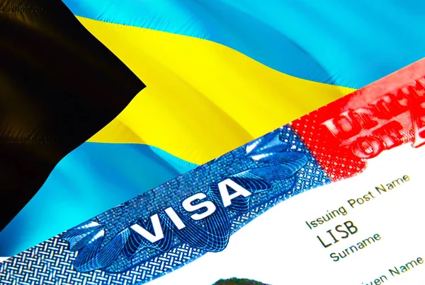 バハマ移民ビザ 単語Visa 3Dレンダリングに焦点を当てたバハマへのビザを閉鎖します パスポートマルチ入り口のビザでバハマの目的地の概念への旅行や移行 アメリカ合衆国切手の移民 — ストック写真
