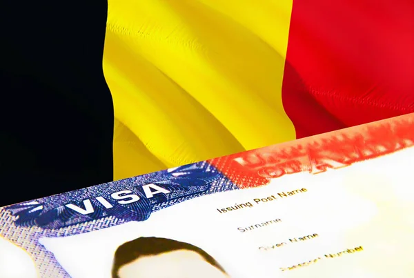 ベルギーの移民文書が閉じます ベルギーの旗にパスポートビザ パスポート 3Dレンダリングでベルギーの訪問者ビザ パスポートにベルギーの複数の入国ビザ アメリカの切手移民ビザの文書 — ストック写真