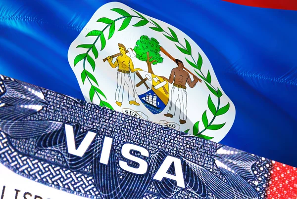 ベリーズビザ文書 ベリーズの国旗を背景に ベリーズのフラグ アメリカのビザスタンプでビザを閉じる 3Dレンダリングパスポートスタンプ旅行ベリーズのビジネス — ストック写真