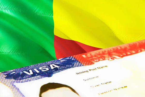入国管理文書を閉じます ベニン旗のパスポートビザ パスポート 3Dレンダリングで訪問者ビザを取得します パスポートで複数の入国ビザを取得します 米国の切手移民ビザの文書とパスポート — ストック写真