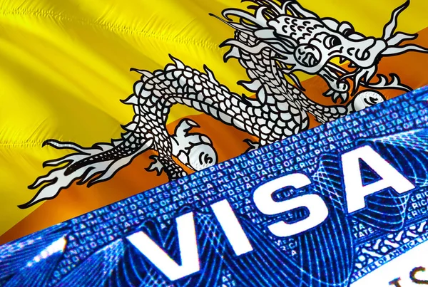 ブータンビザの書類は閉じます ブータンの旗にパスポートビザ パスポート 3Dレンダリングでブータンの訪問者ビザ パスポートにブータンの複数の入り口 ビザの書類とパスポートの閉鎖 出入国管理 — ストック写真
