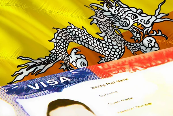 ブータンの移民文書が閉じます ブータンの旗にパスポートビザ パスポート 3Dレンダリングでブータンの訪問者ビザ パスポートにブータンの複数の入国ビザ アメリカの切手移民ビザの文書 — ストック写真