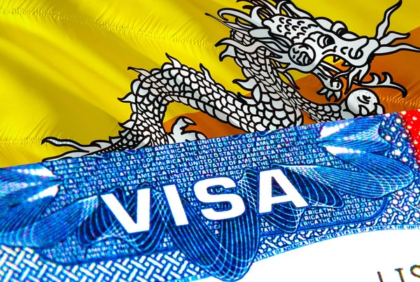 ブータンビザ 単語Visa 3Dレンダリングに焦点を当てたブータンへの旅行 ブータンは パスポートのビザで概念を移民します パスポートのブータン観光の入り口 ビザ米国市民権スタンプ アメリカ旅行 アメリカ — ストック写真