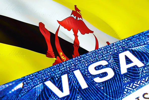 ブルネイビザの書類は閉じます ブルネイの旗のパスポートビザ パスポートのブルネイ訪問者ビザ 3Dレンダリング パスポートにブルネイの複数の入り口 ビザの書類とパスポートの閉鎖 — ストック写真