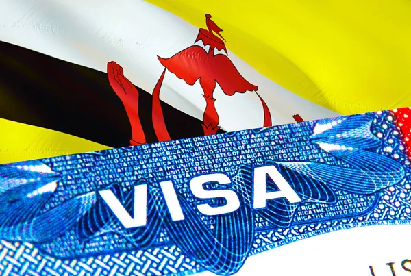 ブルネイビザ 単語Visa 3Dレンダリングに焦点を当てたブルネイへの旅行 ブルネイはパスポートのビザで概念を移民します パスポートのブルネイ観光入口 ビザ米国市民権スタンプ アメリカの旅 — ストック写真
