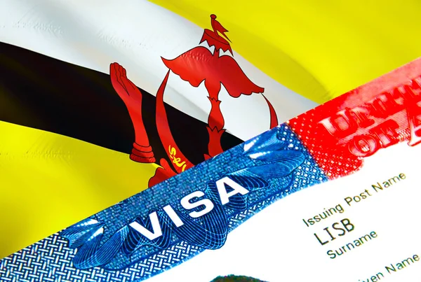 ブルネイ移民ビザ 単語Visa 3Dレンダリングに焦点を当てたブルネイへのビザを閉じます パスポートマルチエントランスでのビザでブルネイの目的地の概念への旅行や移行 — ストック写真