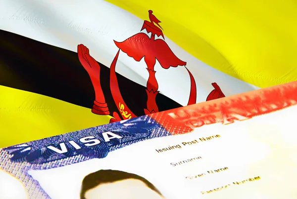ブルネイ移民文書が閉じます ブルネイの旗のパスポートビザ パスポートのブルネイ訪問者ビザ 3Dレンダリング パスポートにブルネイの複数の入国ビザ アメリカの切手移民ビザの文書 — ストック写真