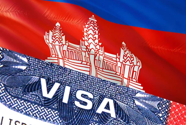 カンボジアビザ文書 カンボジアの国旗を背景に カンボジアの国旗には パスポートの米国ビザスタンプ 3Dレンダリングが含まれています — ストック写真