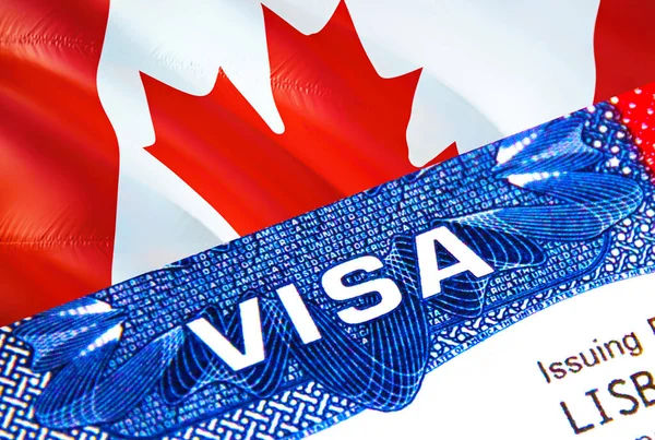 パスポートのカナダビザ 米国移民ビザカナダ市民のための単語Visaに焦点を当てます 国民の身分証明書のクローズアップ 3Dレンダリングでカナダのビザを旅行します パスポートのカナダの複数の入り口 — ストック写真