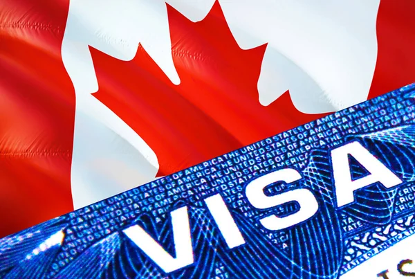 カナダビザの書類は閉じます カナダの旗のパスポートビザ パスポート 3Dレンダリングでカナダの訪問者ビザ パスポートのカナダの複数の入り口 ビザの書類とパスポートの閉鎖 — ストック写真