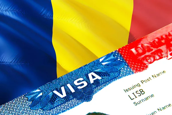 チャド移民ビザ 単語Visa 3Dレンダリングに焦点を当てたチャドへのビザを閉じます パスポートマルチエントランスでのビザでチャドの目的地の概念への旅行や移行 — ストック写真